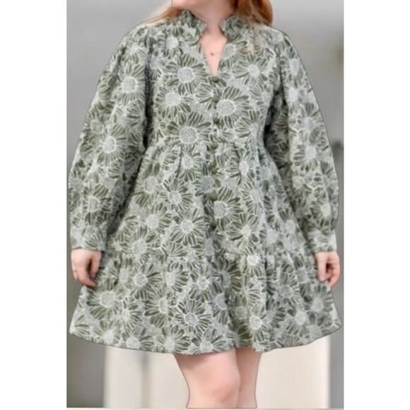 Plus Size Women's Olive Green Floral Dress Ruffle Long Sleeve V Neck Flared 2XL - Picture 1 of 9